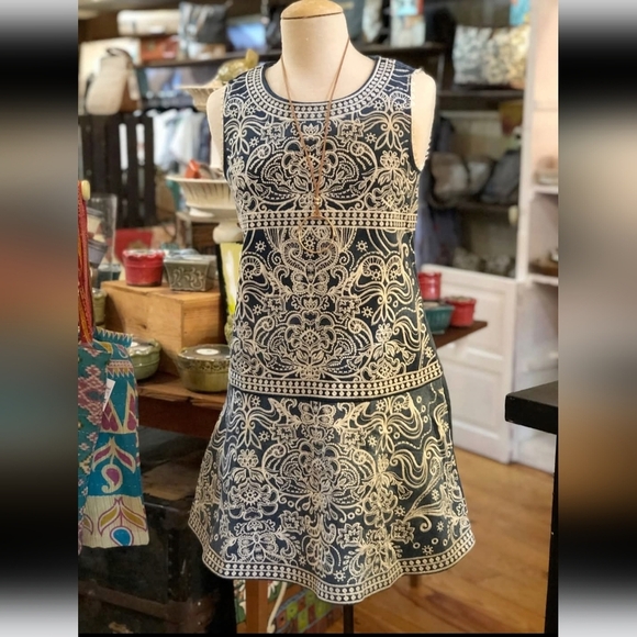 EUC SAVANNA JANE WHITE EMBROIDERED DENIM JEAN SLEEVELESS DRESS  SZ M - Picture 1 of 9